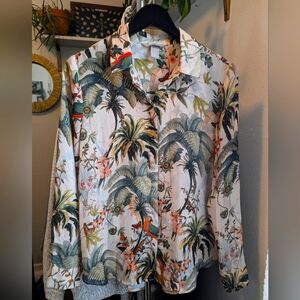H&M Colorful Tropical Motif Silky Business Button Down Shirt